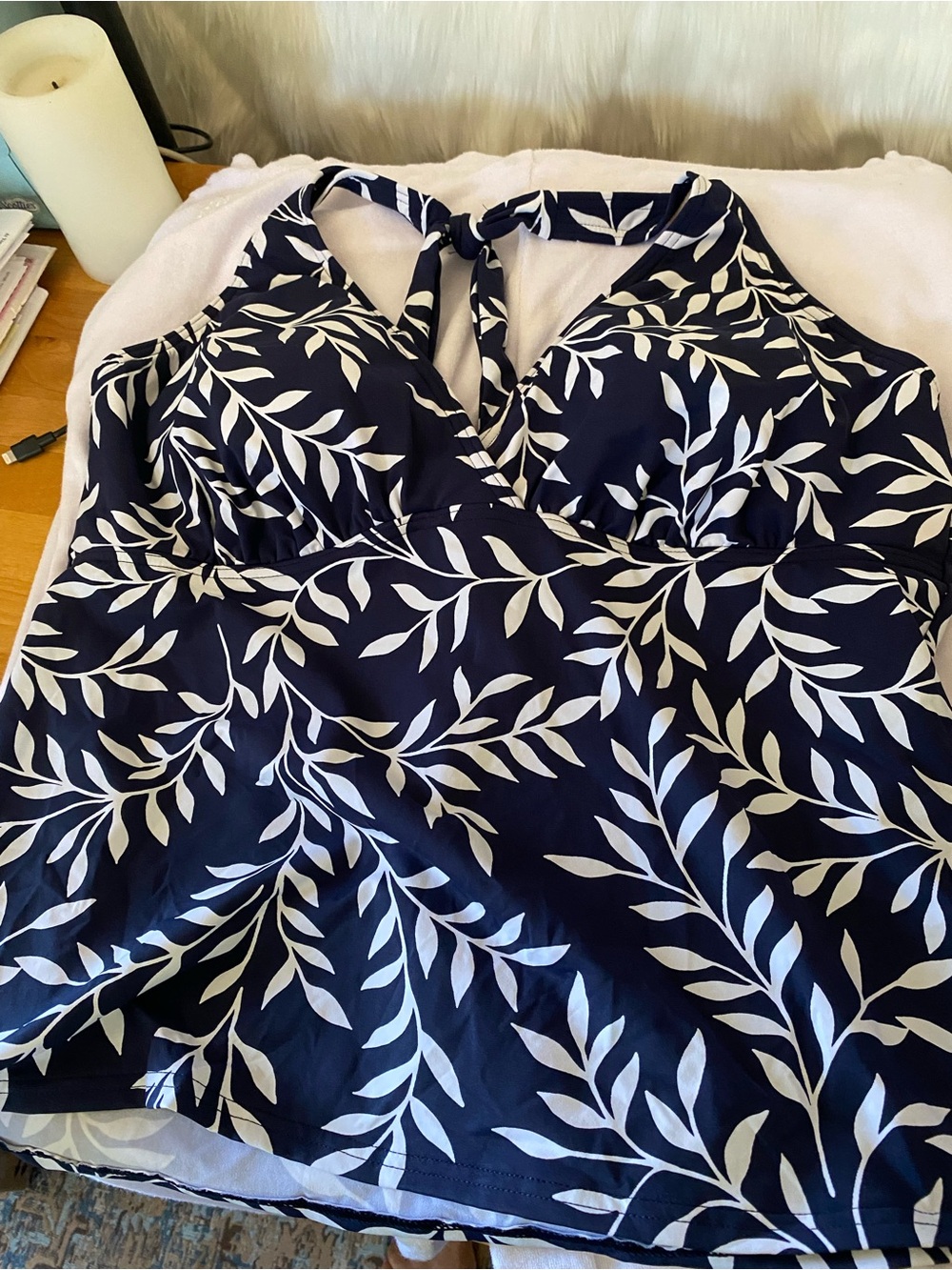 Lands' End Navy and White Leaf-Print Women’s Swim Tankini Top